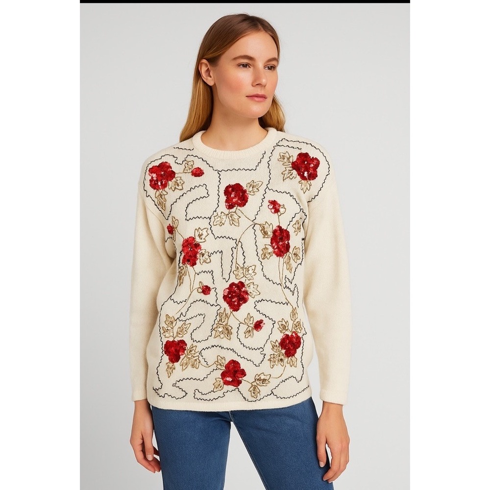 Victoria Harbour‎ Vintage Cream Sweater Pullover Red Gold Sequin Beaded Sz Large